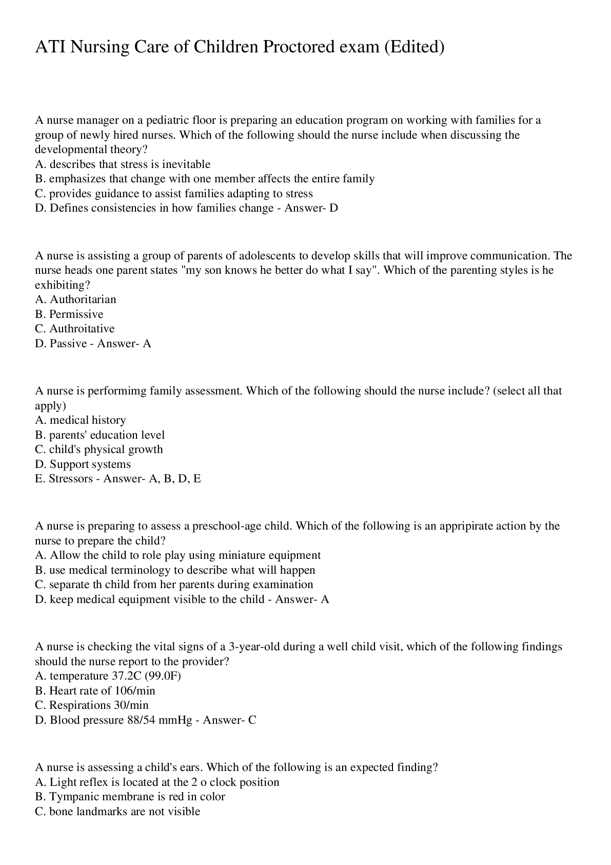 Preview image for ATI Nursing Care of Children Proctored exam (Edited)